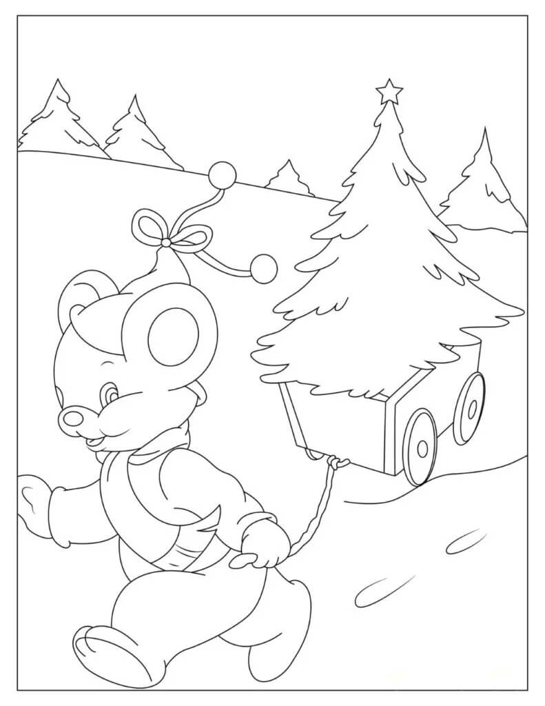 الدب يحمل شجرة صنوبر تلوين