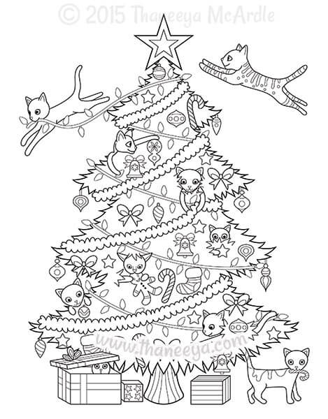 القطط مع شجرة عيد الميلاد تلوين