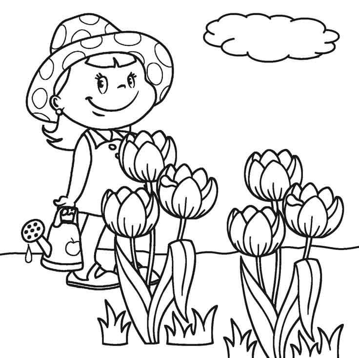 فتاة صغيرة مبتسمة في حديقة الزهور تلوين
