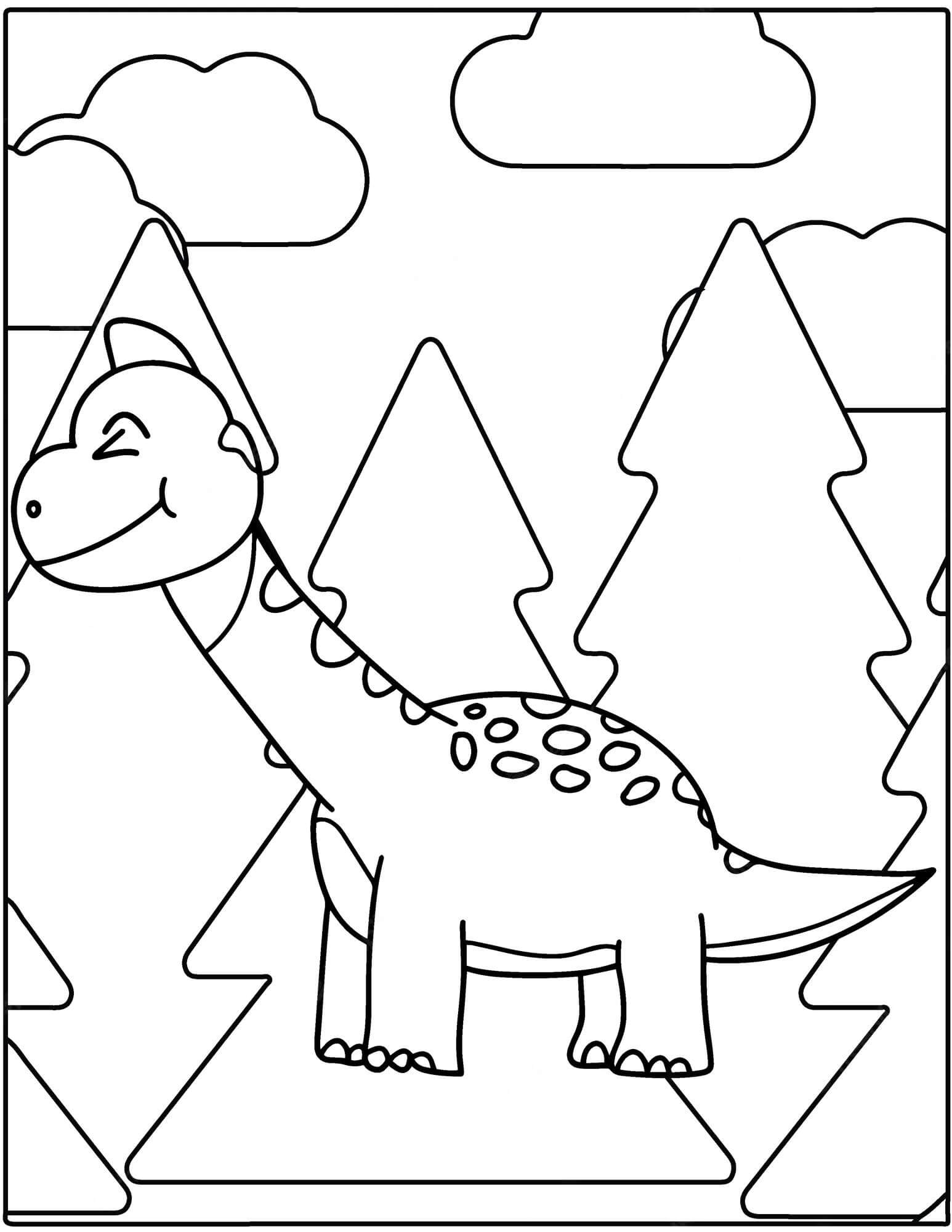 كارتون ديناصور مع الأشجار والسحب تلوين