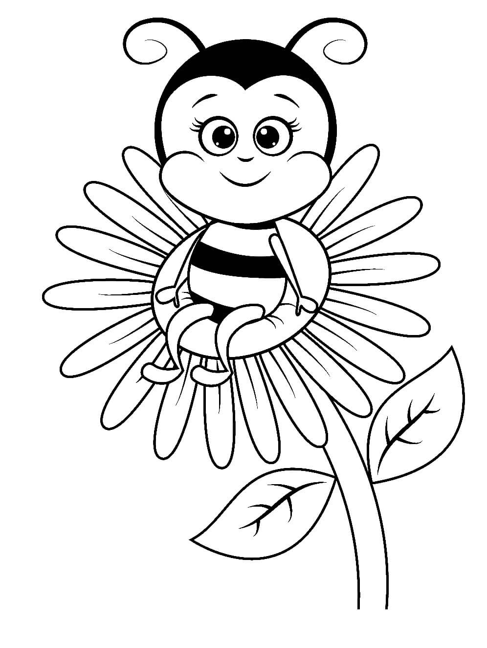 نحلة الكرتون تجلس على زهرة تلوين