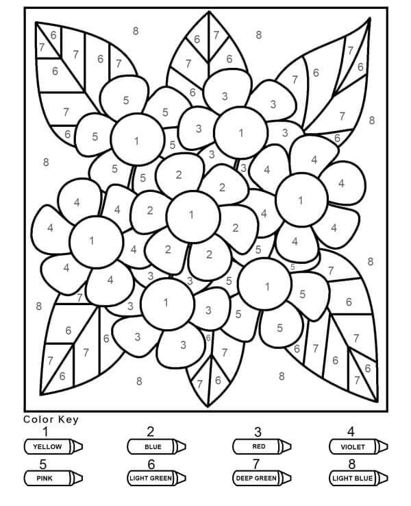 زهرة أساسية مع لون الأوراق حسب الرقم صورة تلوين