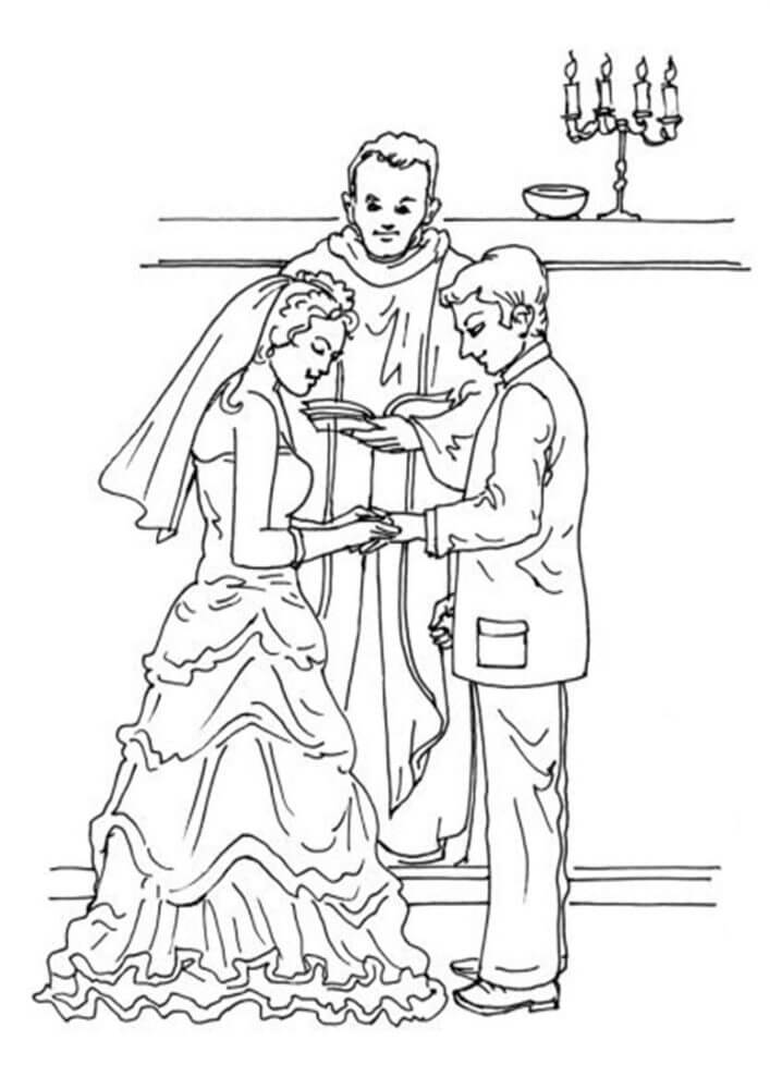 العريس مع العروس والكاهن صورة تلوين