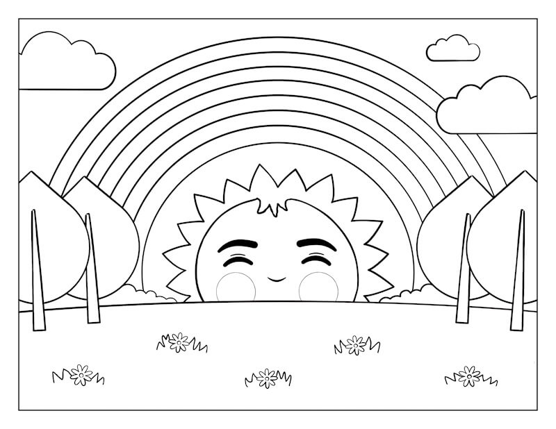 الشمس المبتسمة مع قوس قزح صورة تلوين