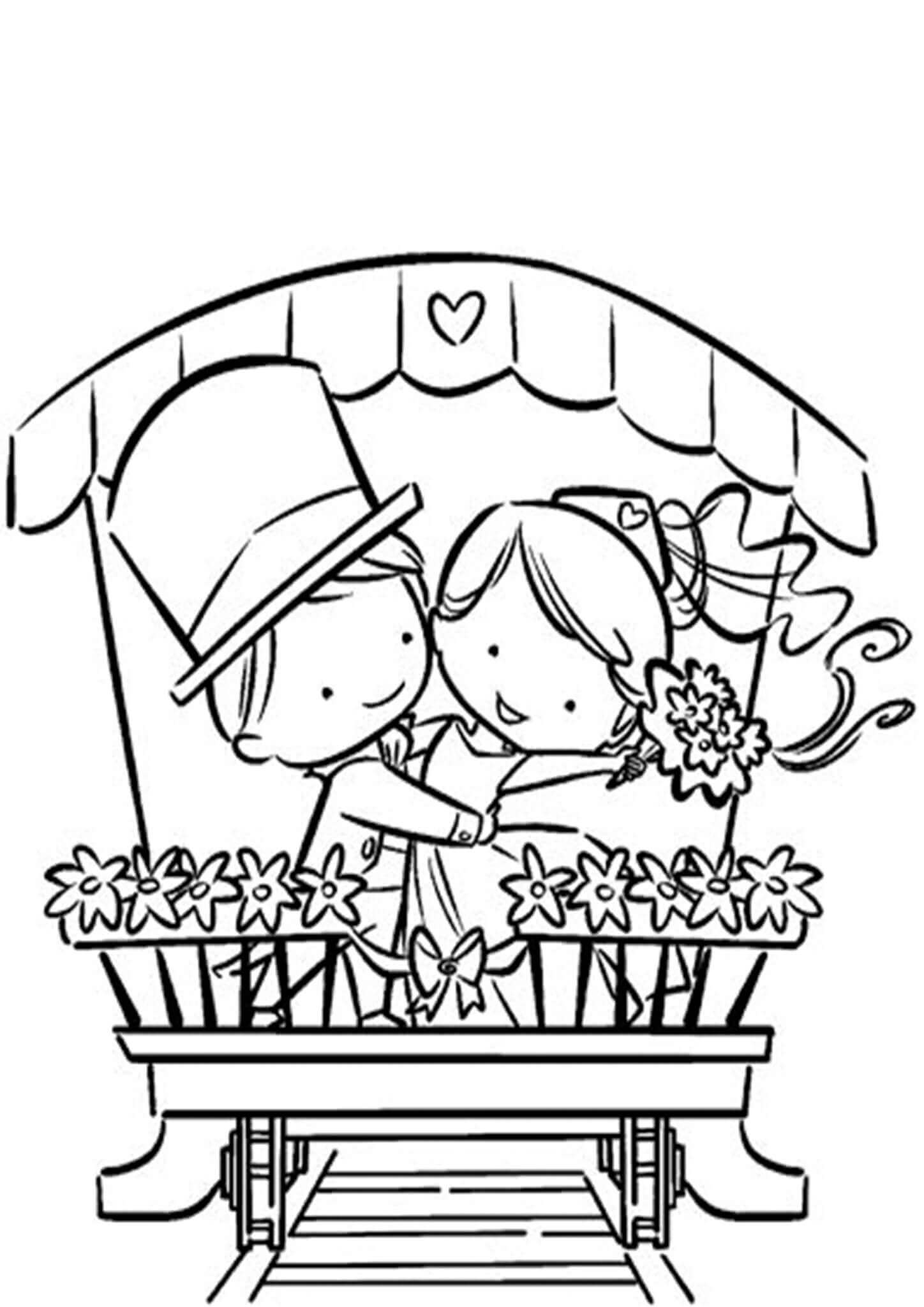 رسم العريس والعروس مع الزهور صورة تلوين