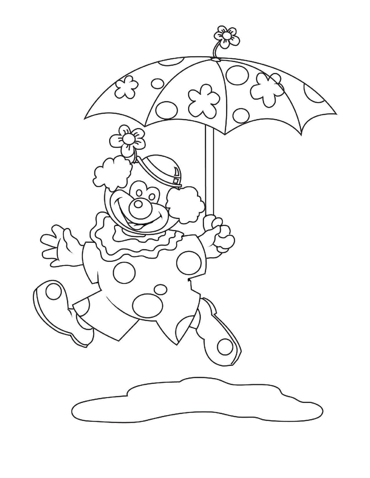 مضحك مهرج يحمل مظلة تلوين