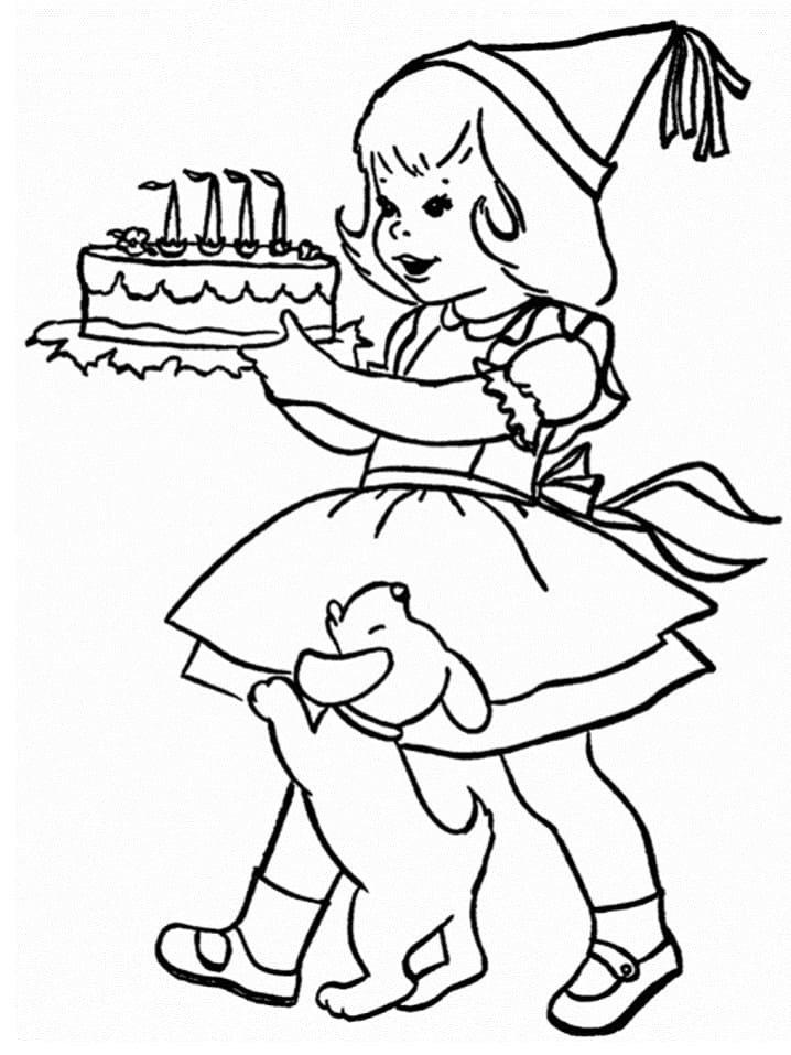 فتاة صغيرة مع كعكة عيد ميلاد صورة تلوين