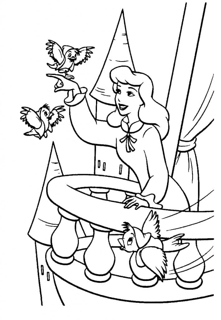 الأميرة سندريلا والطيور صورة تلوين