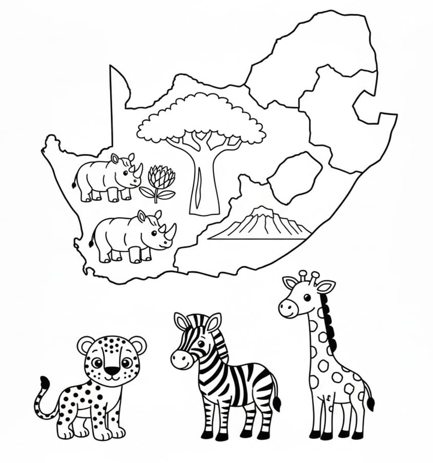 خريطة جنوب أفريقيا خالية من الحيوانات تلوين