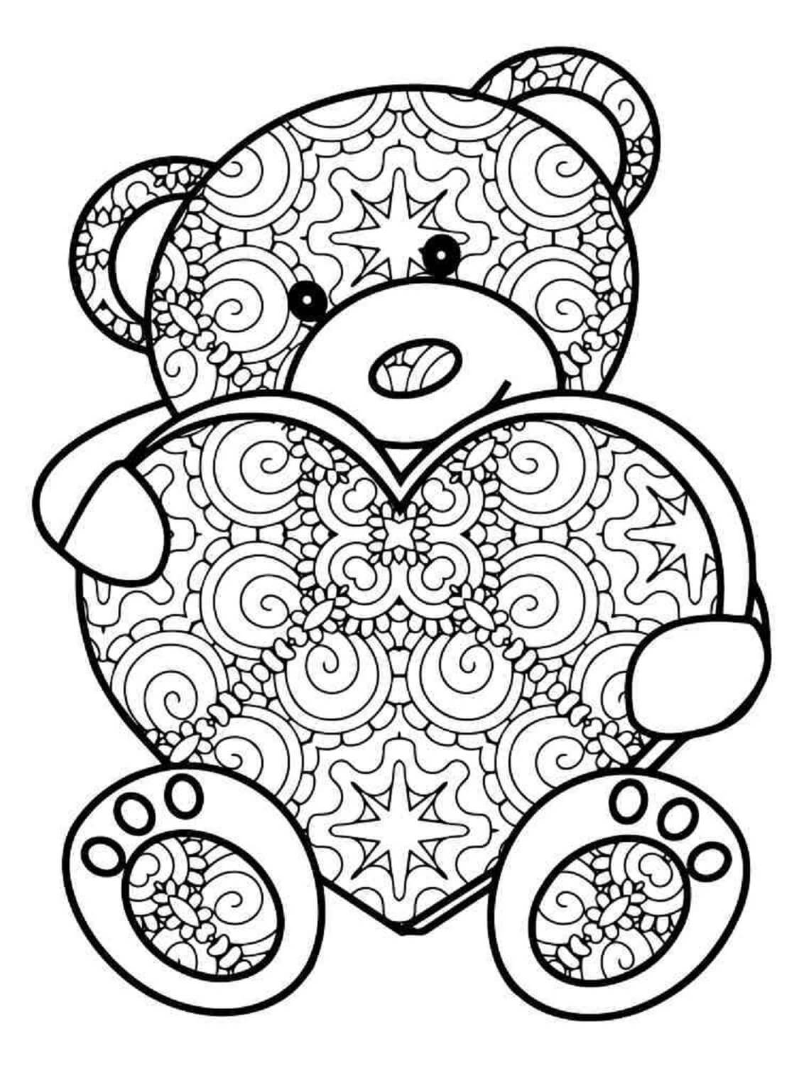 Teddy Bear Holding Heart Mandala صورة تلوين