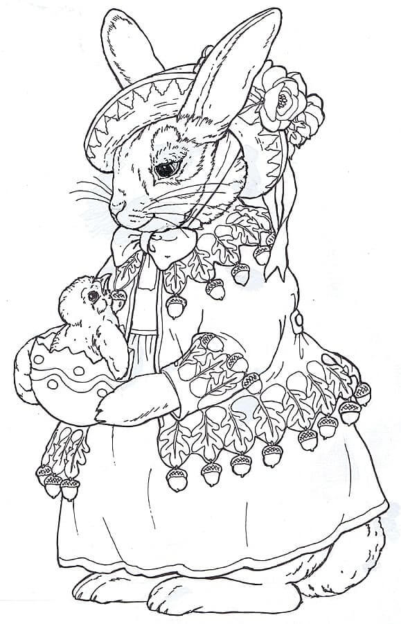 أرنب يرتدي قبعة يعتني بالدجاج تلوين