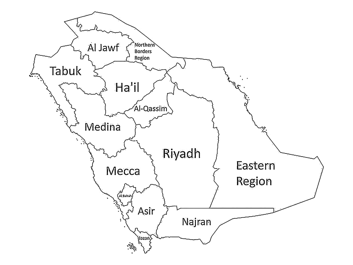 أسماء المناطق في خريطة المملكة العربية السعودية صورة تلوين