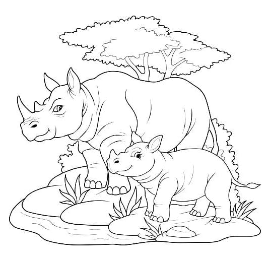 وحيد القرن وصغيرها في الغابة تلوين