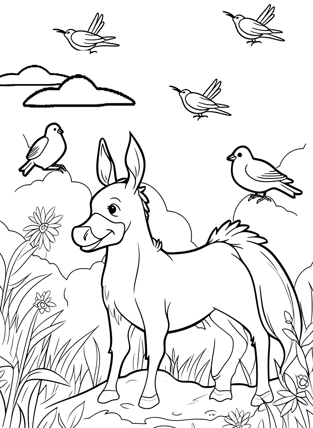 الحمار يلعب مع الطيور تلوين