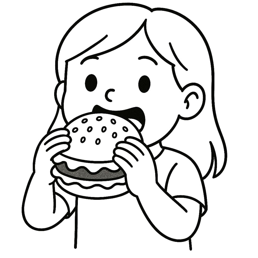 فتاة صغيرة تأكل الهامبرغر تلوين