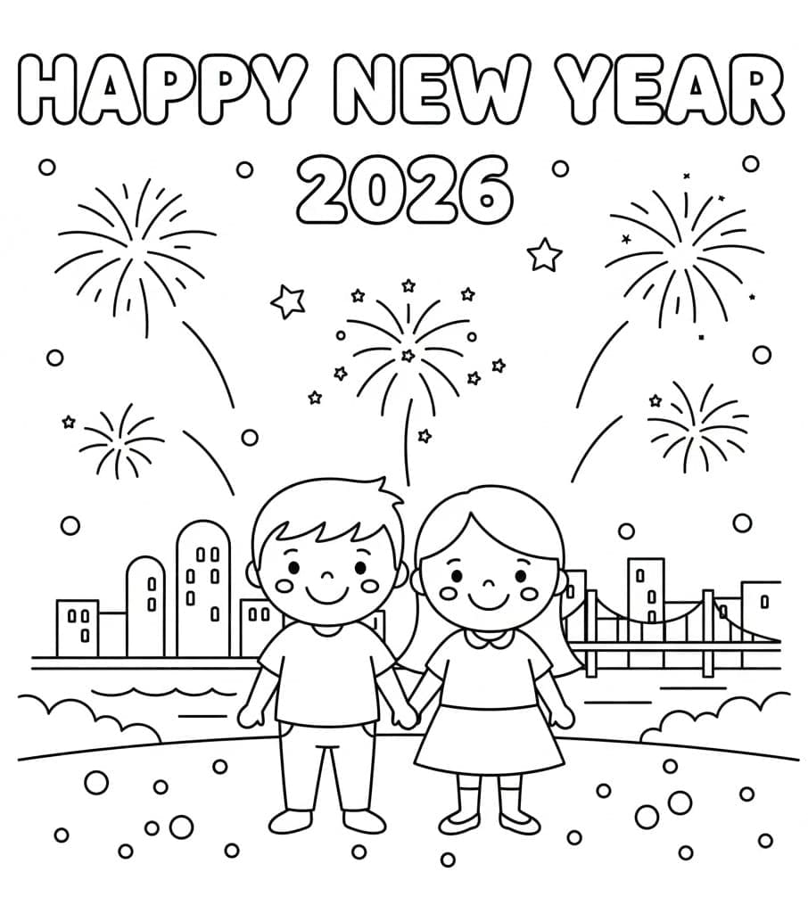 الأطفال وسنة جديدة سعيدة 2026 تلوين