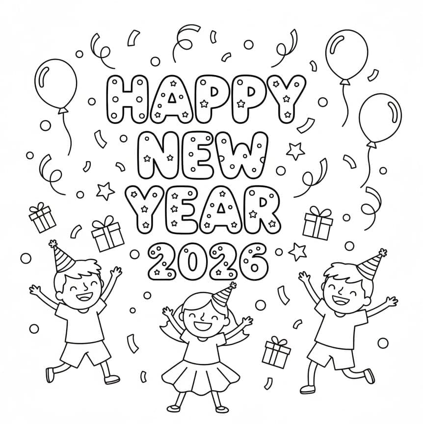 أطفال مع سنة جديدة سعيدة 2026 تلوين