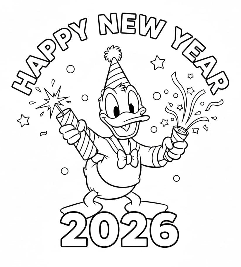 دونالد داك مع تهنئة بالعام الجديد 2026 تلوين