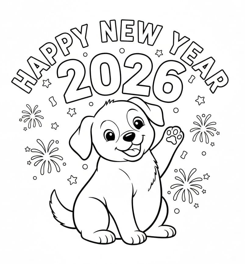 جرو مع سنة جديدة سعيدة 2026 تلوين