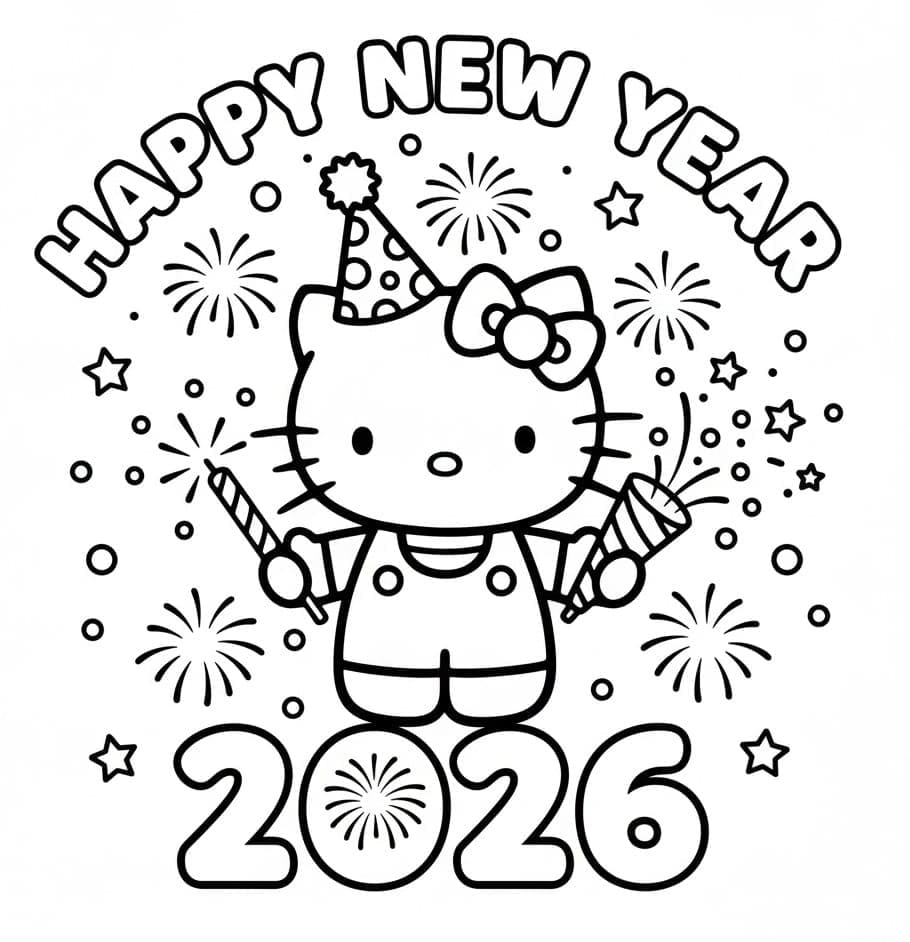 مرحبا كيتي مع سنة جديدة سعيدة 2026 تلوين