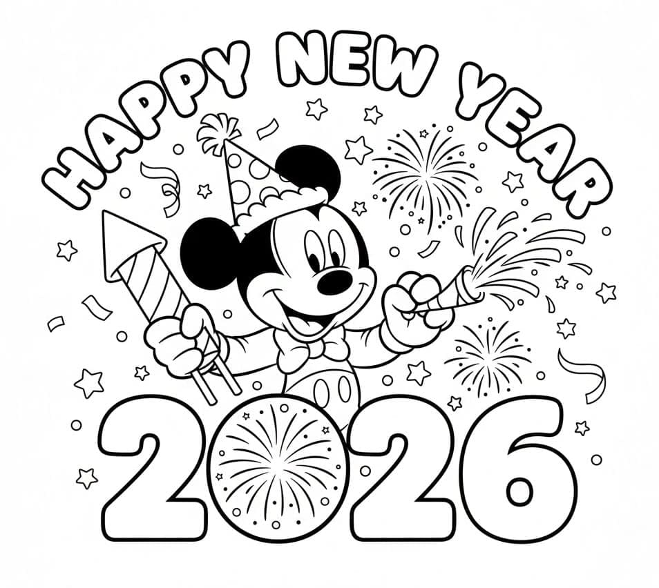 ميكي ماوس وسنة جديدة سعيدة 2026 تلوين
