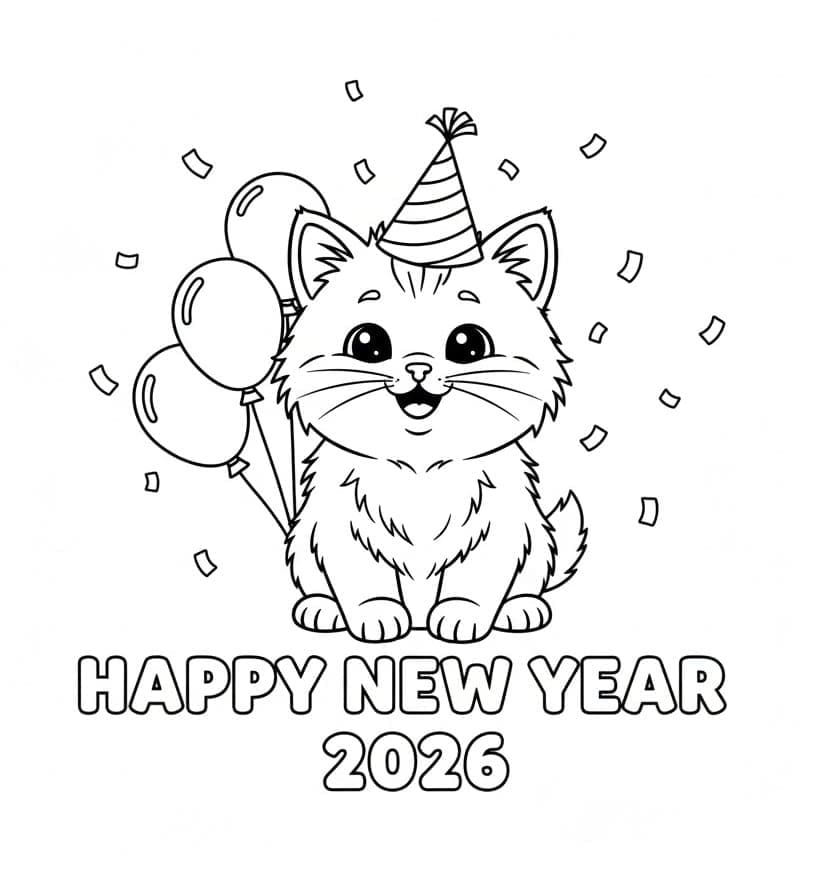 قطة تتمنى سنة جديدة سعيدة 2026 تلوين