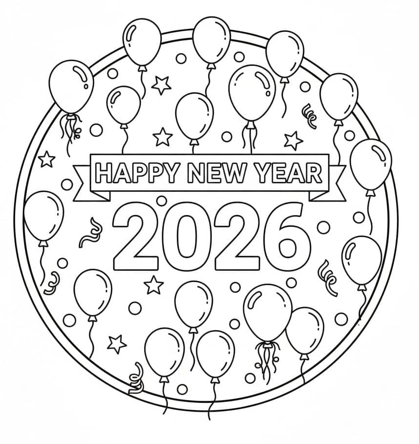 سنة جديدة سعيدة 2026 مع البالونات تلوين
