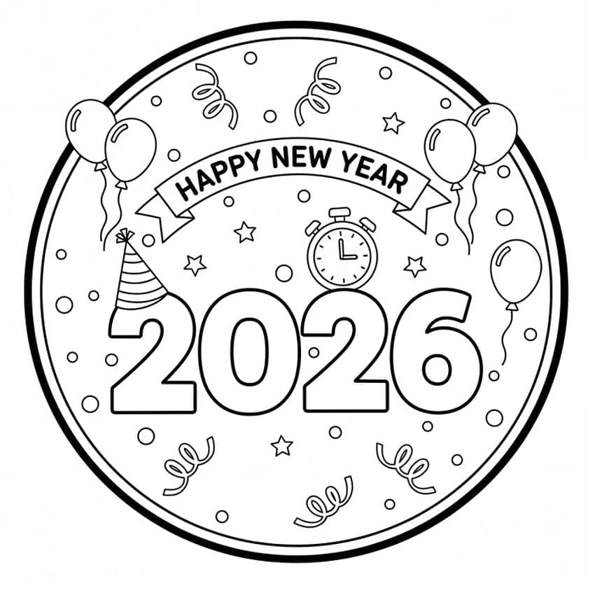 سنة جديدة سعيدة 2026 طباعة مجانية للأطفال تلوين