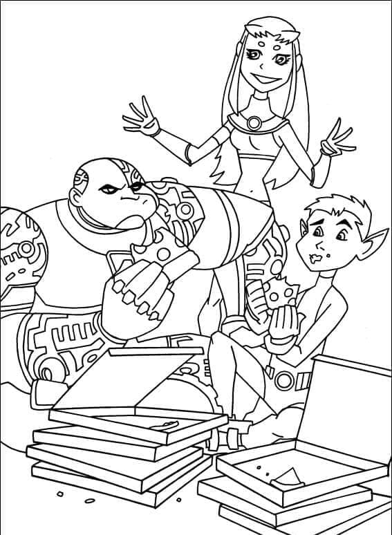 سايبورغ وأصدقائه يأكلون البيتزا تلوين