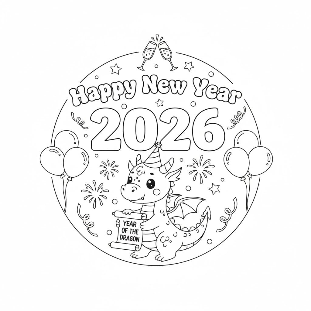 تنين لطيف سنة جديدة سعيدة 2026 تلوين