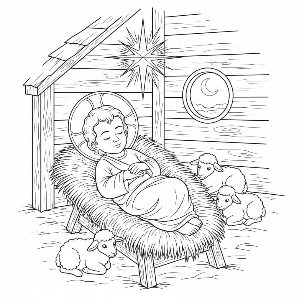 يضحك يسوع الصغير في المهد تلوين