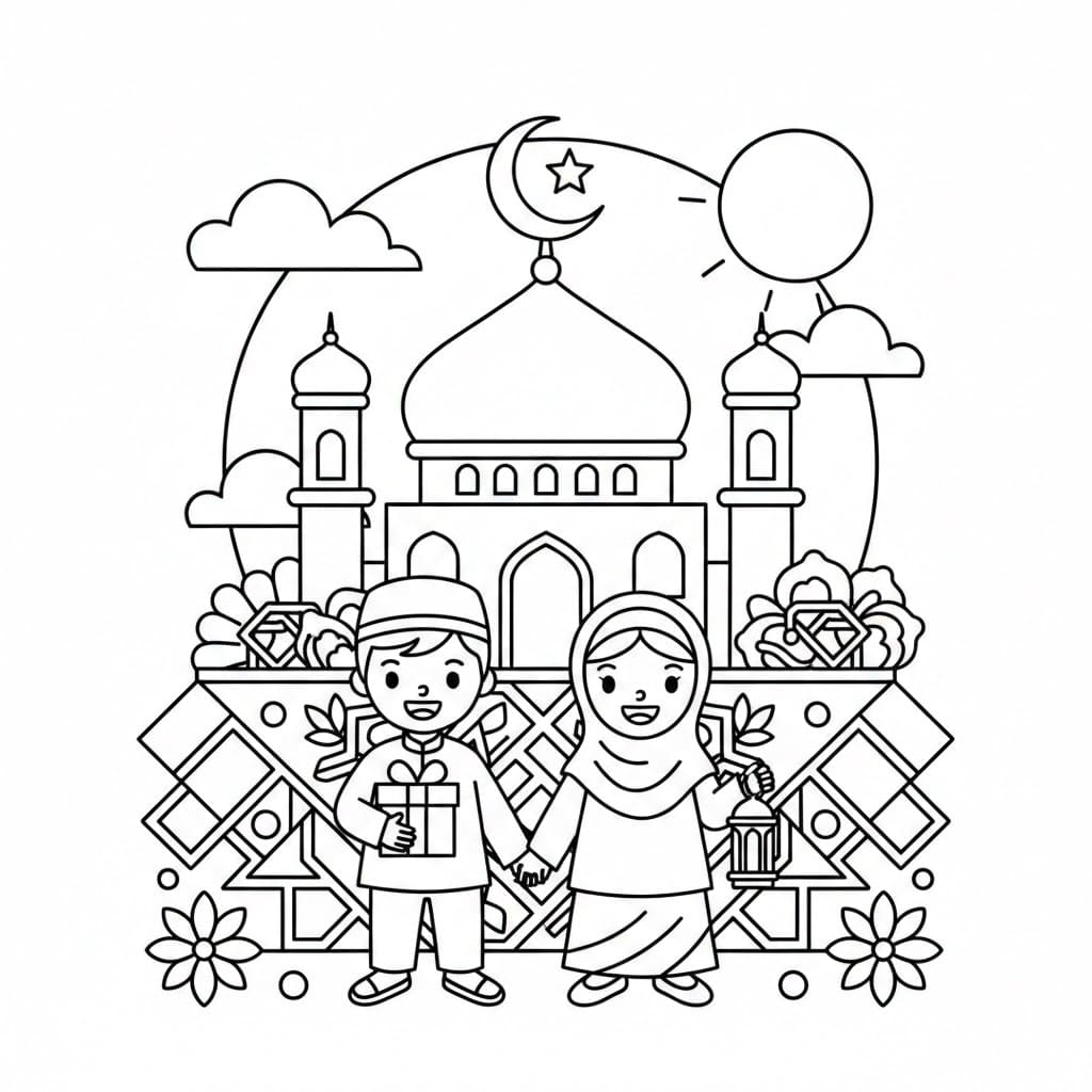 العائلة في إطار زخرفي للعيد تلوين