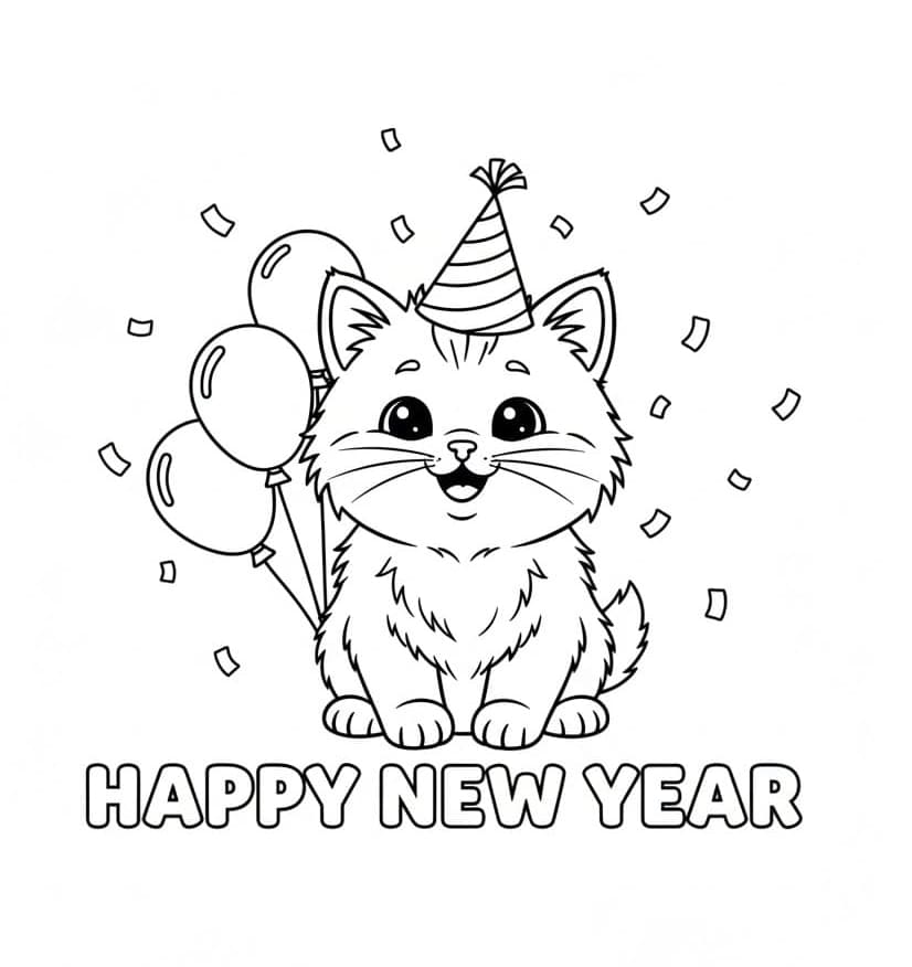 القطط وتهاني رأس السنة الجديدة. تلوين