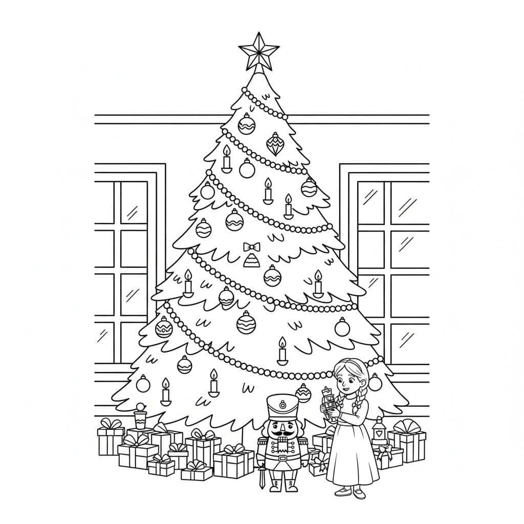 أميرة مع كسارة البندق تحت شجرة عيد الميلاد تلوين