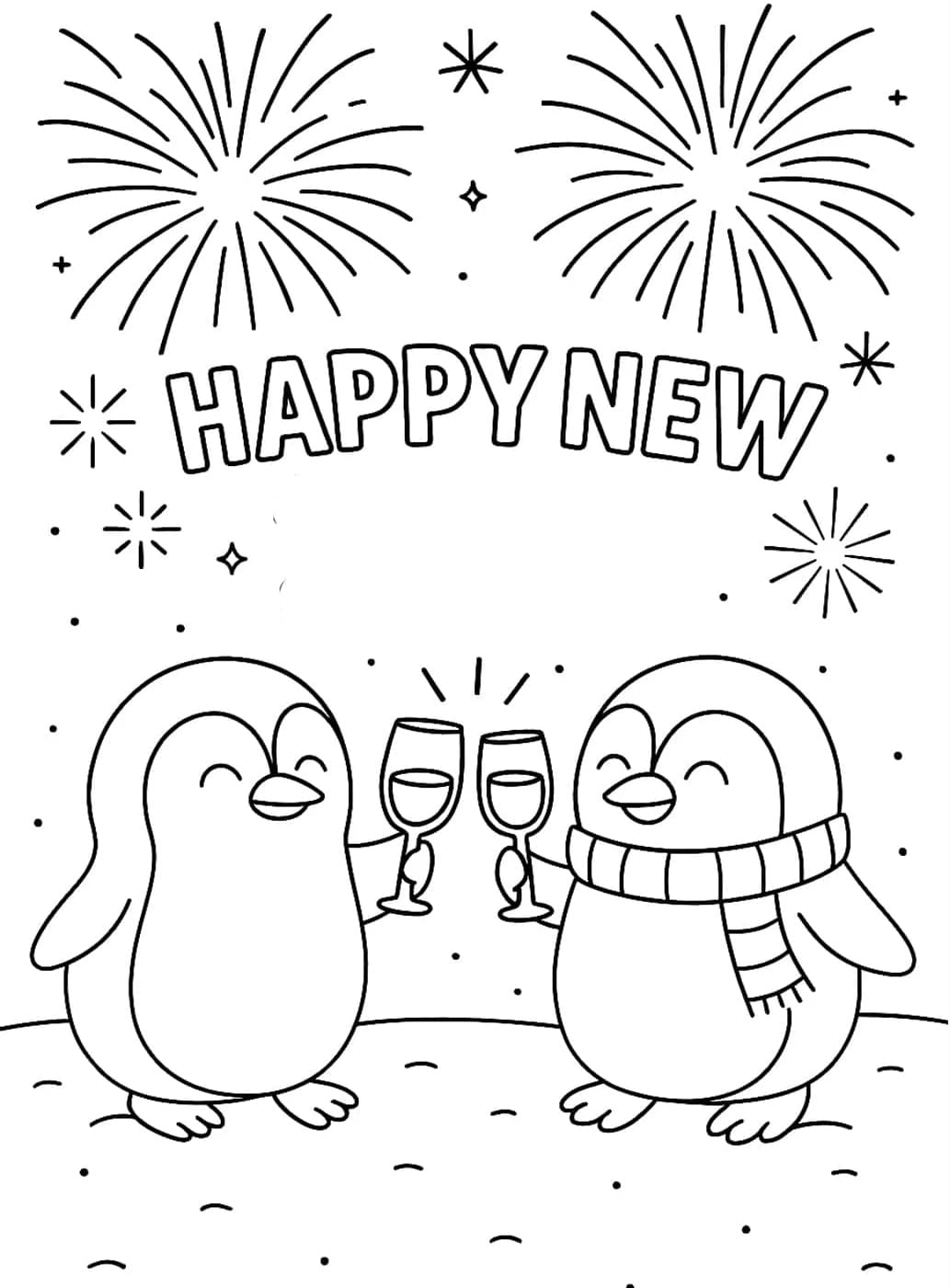 بطاريق لطيفة. عام جديد سعيد. تلوين