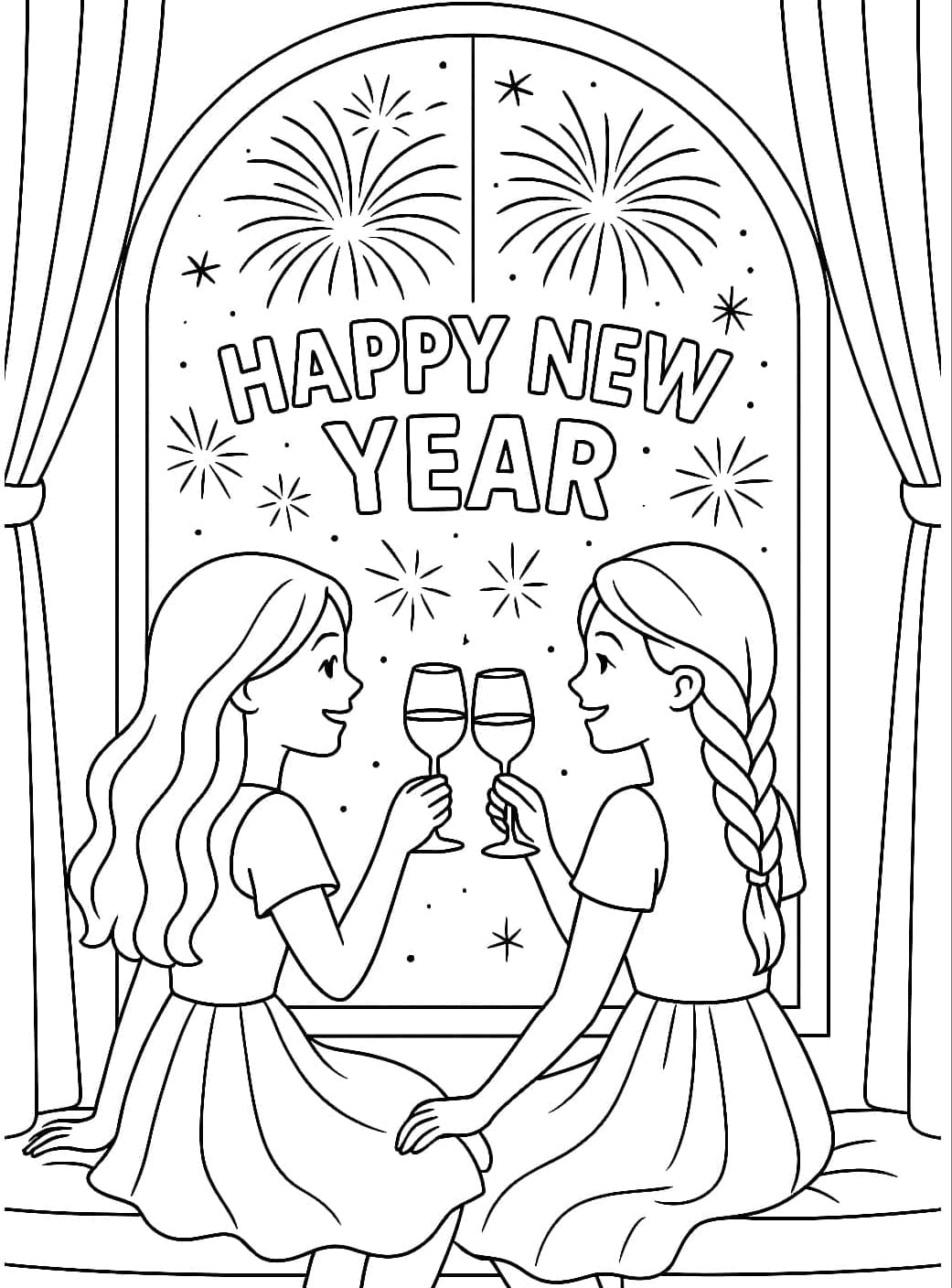 فتاتان تصافحتا بكؤوسهما عند النافذة. عام جديد سعيد! تلوين