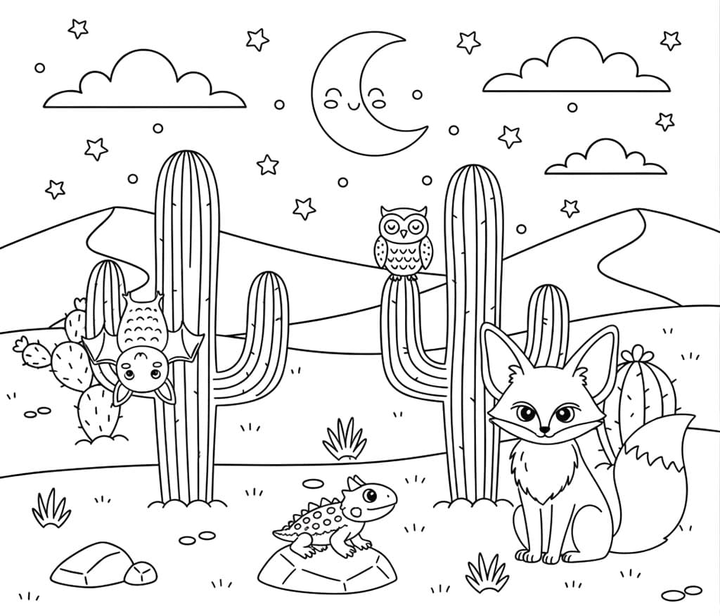 تلوين ثعلب تحت القمر في الصحراء تلوين