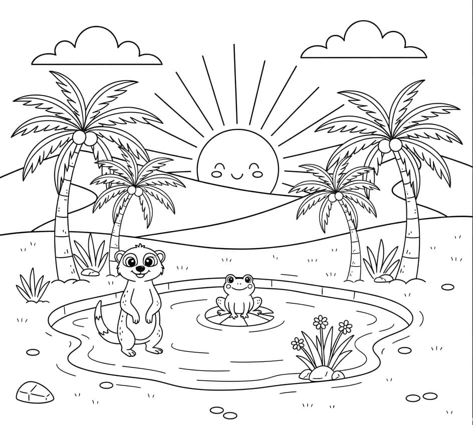 واحة صحراوية مشمسة تلوين