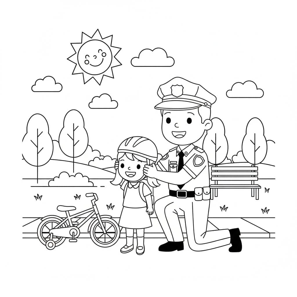 الشرطة تساعد طفلاً على ركوب الدراجة تلوين