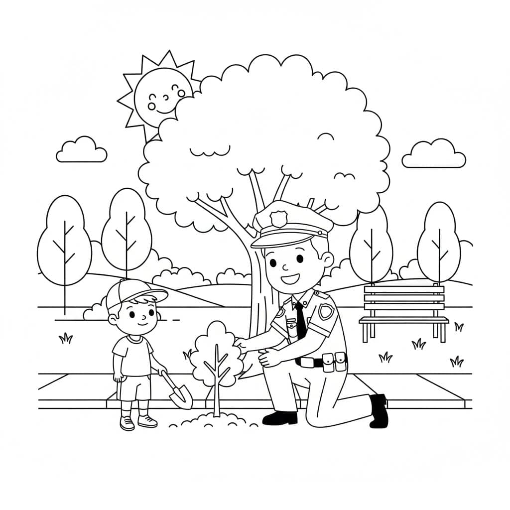 الشرطة تزرع الأشجار تلوين