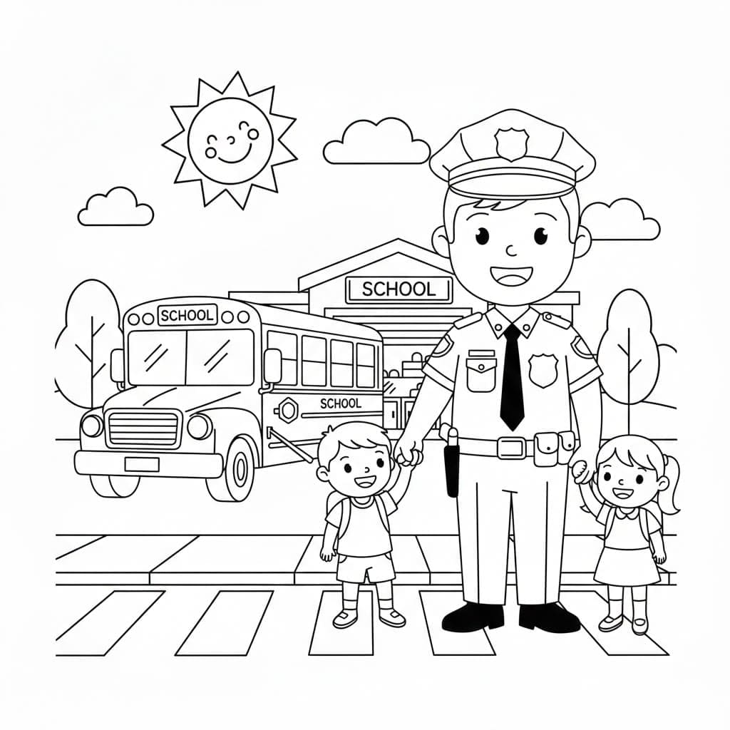 الشرطة والطلاب يعبرون الشارع تلوين