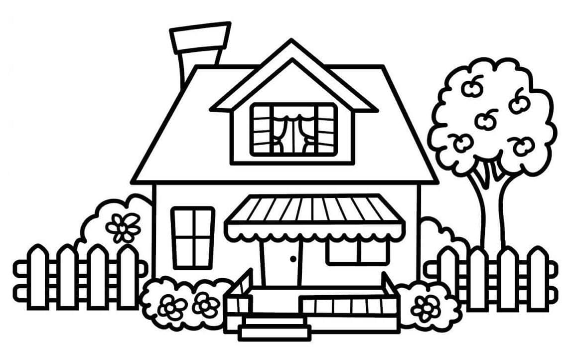 منزل مزين بالزهور والأشجار تلوين