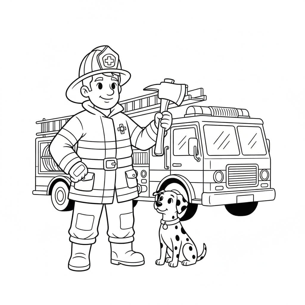 رجال الإطفاء أمام شاحنة إطفاء. تلوين