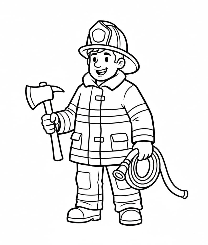 رجال الإطفاء يحملون الفؤوس والحبال. تلوين