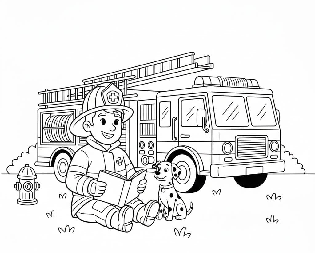 رجال الإطفاء يستريحون بجانب شاحنة الإطفاء تلوين