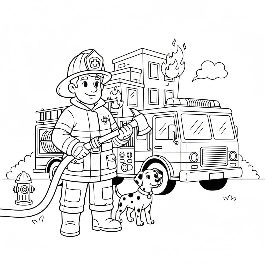 رجال الإطفاء مع شاحنة إطفاء وكلب تلوين