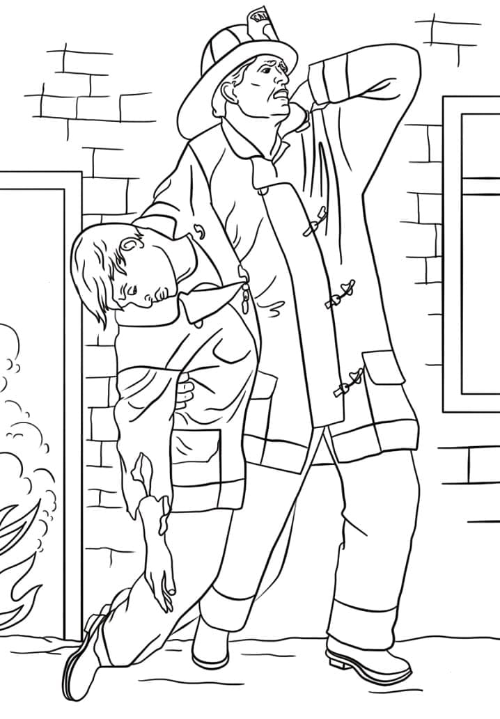 رجل إطفاء ينقذ رجلاً تلوين