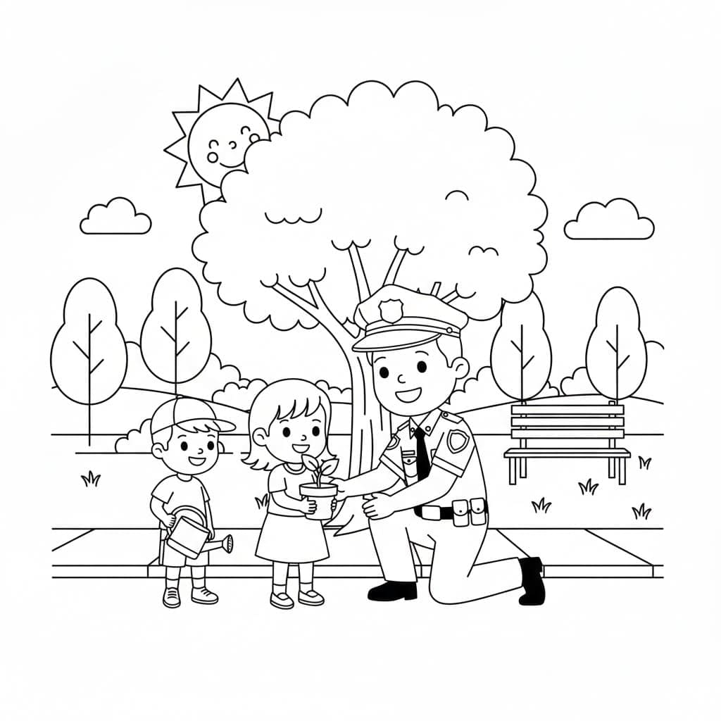 شرطي يساعد طفلاً على عبور الطريق تلوين