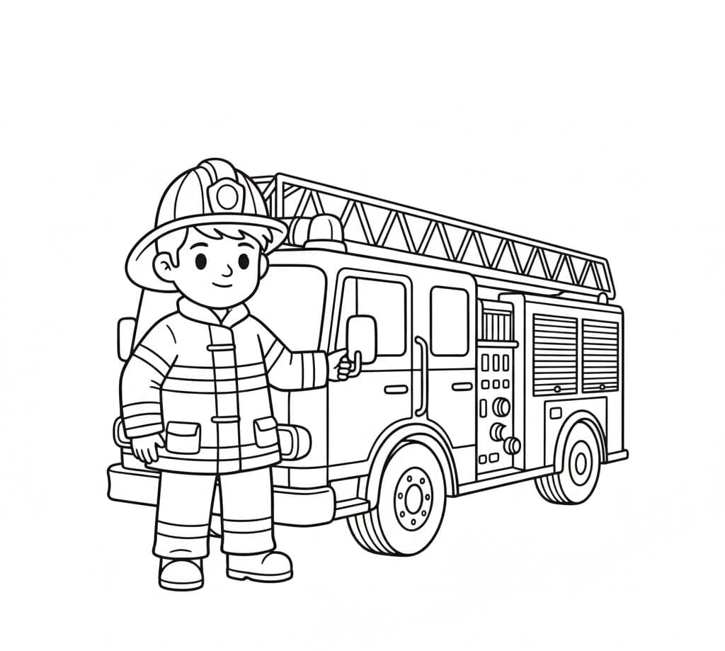 يقف رجال الإطفاء أمام شاحنة السلم. تلوين