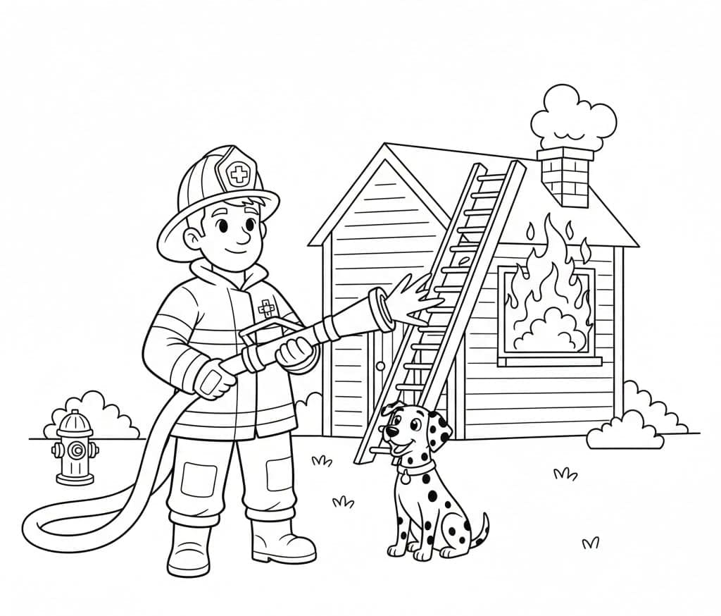 يقوم رجال الإطفاء برش الماء لإخماد الحريق. تلوين